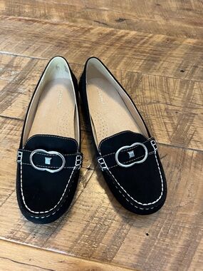 Liz Claiborne Black Women's Slip-On Loafers with Silver Buckle
